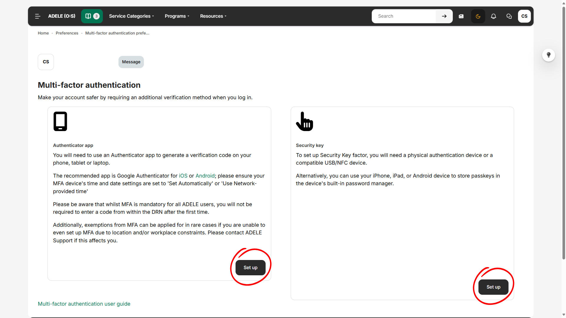 Screenshot showing ADELE MFA method selection
