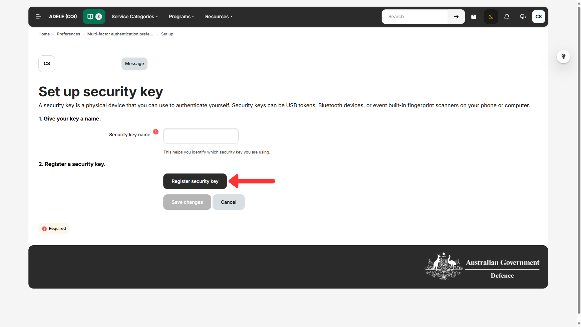 Screenshot showing ADELE security key registration